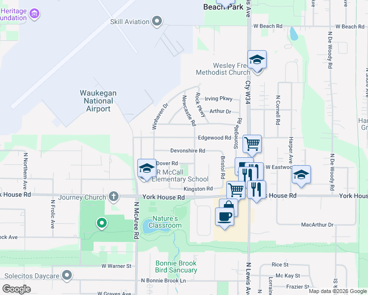 map of restaurants, bars, coffee shops, grocery stores, and more near 2120 Dover Road in Waukegan