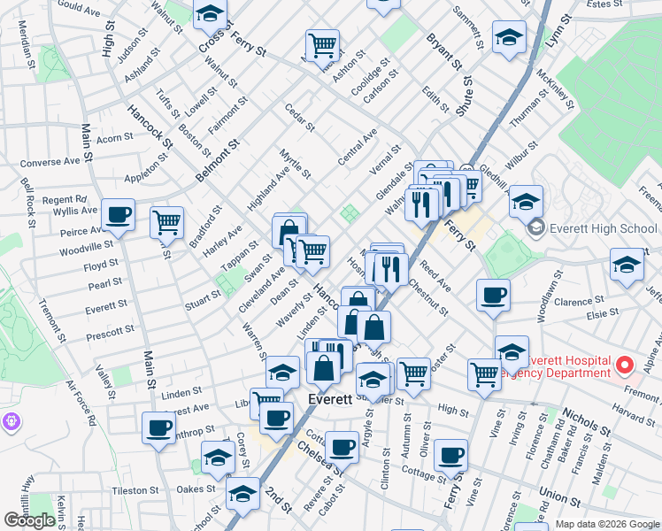 map of restaurants, bars, coffee shops, grocery stores, and more near 55 Kenilworth Street in Everett