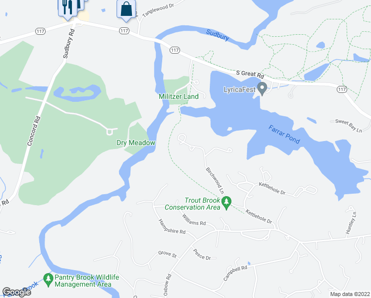 map of restaurants, bars, coffee shops, grocery stores, and more near Farrar Pond Trails in Lincoln