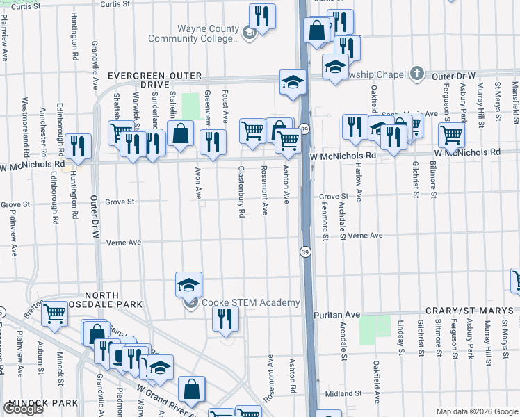 map of restaurants, bars, coffee shops, grocery stores, and more near 16723 Rosemont Avenue in Detroit
