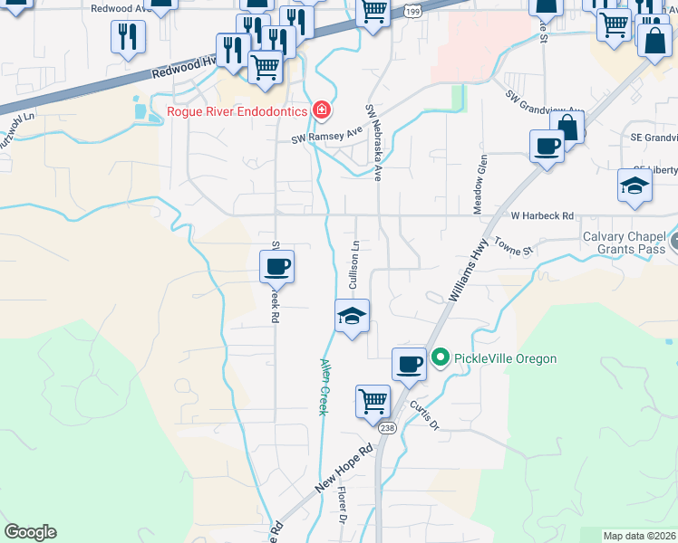 map of restaurants, bars, coffee shops, grocery stores, and more near 2290 Cullison Lane in Grants Pass