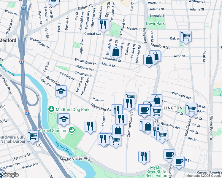 map of restaurants, bars, coffee shops, grocery stores, and more near 20 Sycamore Avenue in Medford