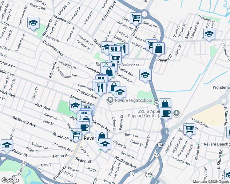map of restaurants, bars, coffee shops, grocery stores, and more near 23 Belgrade Street in Revere