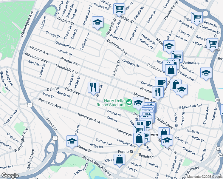map of restaurants, bars, coffee shops, grocery stores, and more near 38 Barrett Street in Revere
