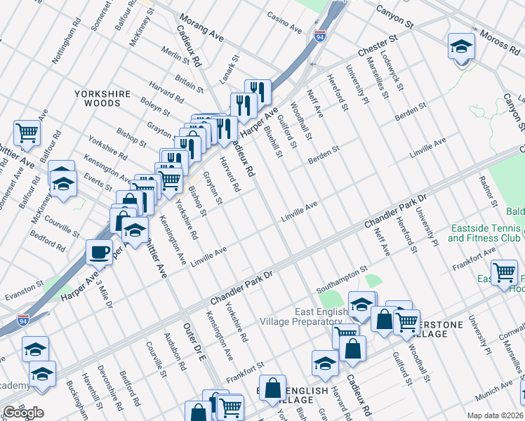 map of restaurants, bars, coffee shops, grocery stores, and more near 5876 Harvard Road in Detroit