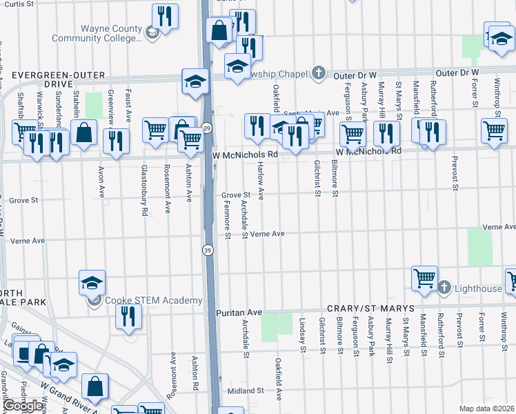 map of restaurants, bars, coffee shops, grocery stores, and more near 16725 Harlow Avenue in Detroit