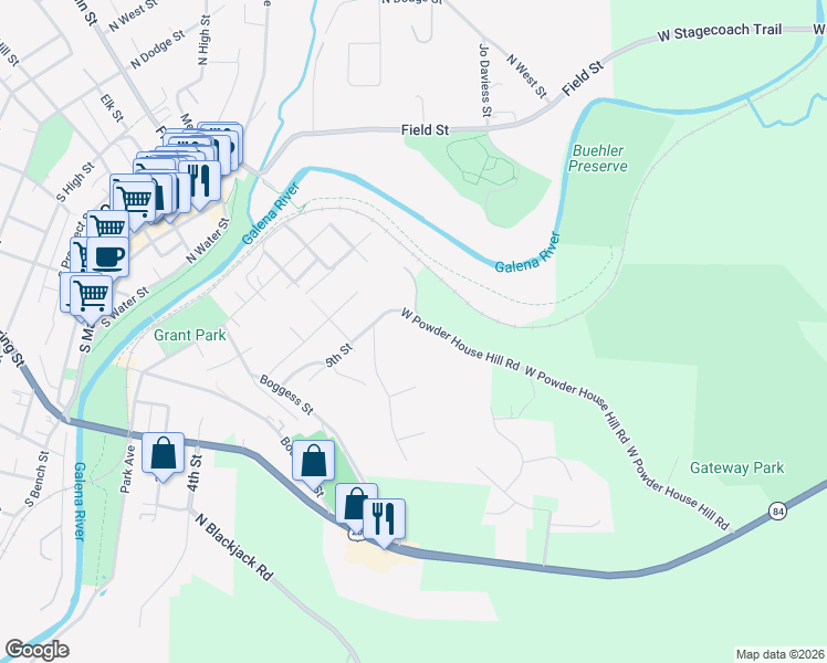 map of restaurants, bars, coffee shops, grocery stores, and more near 306 5th Street in Galena
