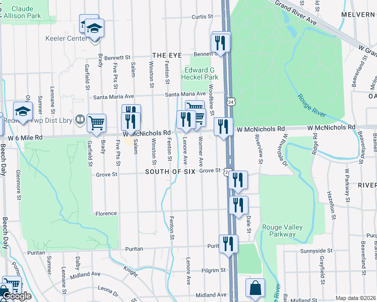 map of restaurants, bars, coffee shops, grocery stores, and more near 16831 Wormer in Detroit