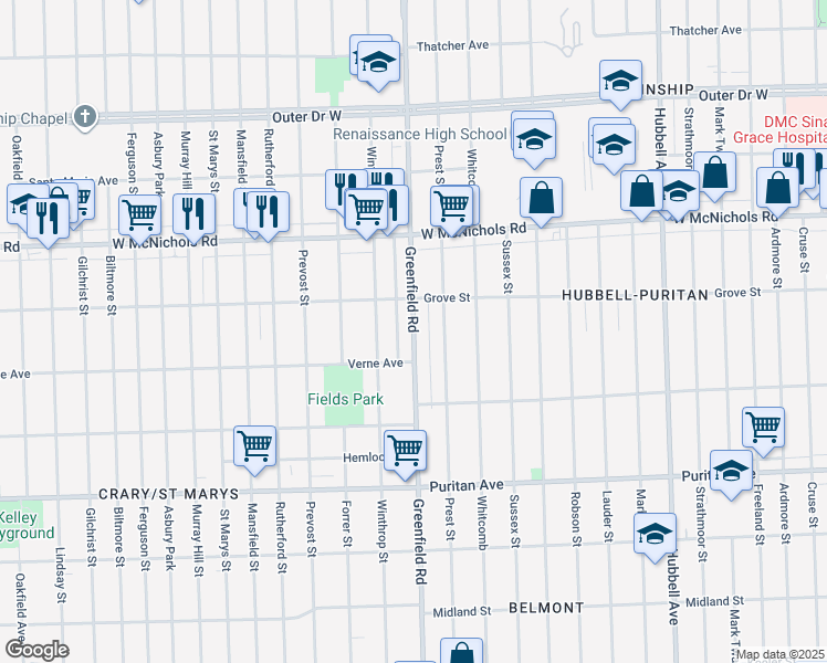 map of restaurants, bars, coffee shops, grocery stores, and more near 16676 Greenfield Road in Detroit