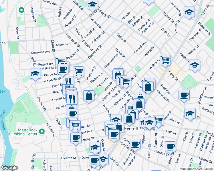 map of restaurants, bars, coffee shops, grocery stores, and more near 63 Swan Street in Everett