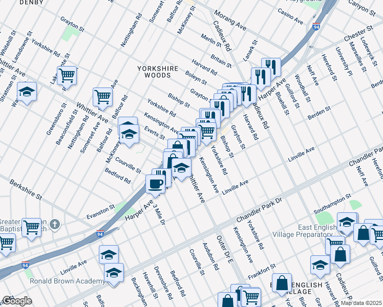 map of restaurants, bars, coffee shops, grocery stores, and more near 9035 Whittier Street in Detroit