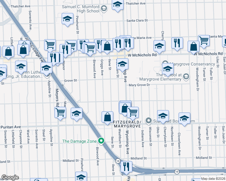 map of restaurants, bars, coffee shops, grocery stores, and more near 16519 Washburn Street in Detroit