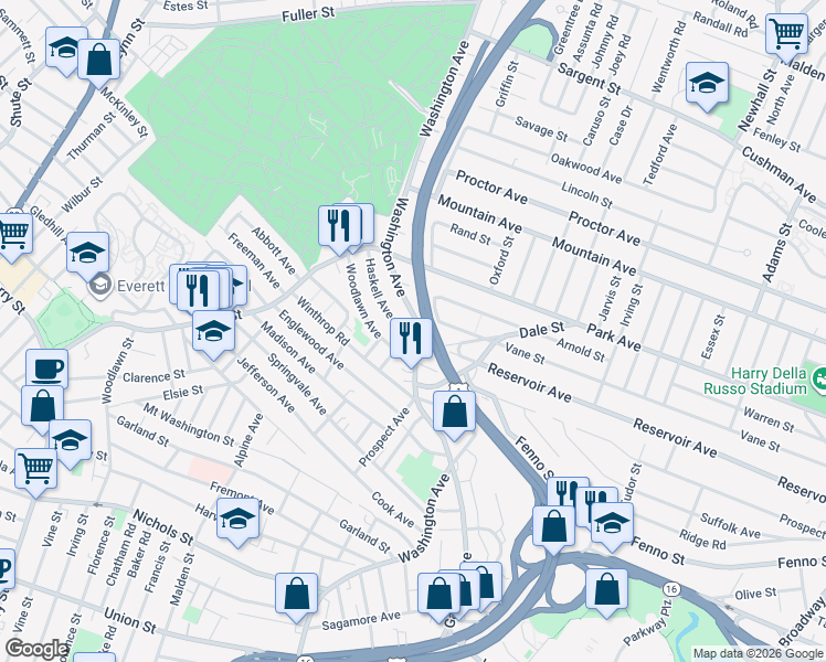 map of restaurants, bars, coffee shops, grocery stores, and more near 487 Prospect Avenue in Revere