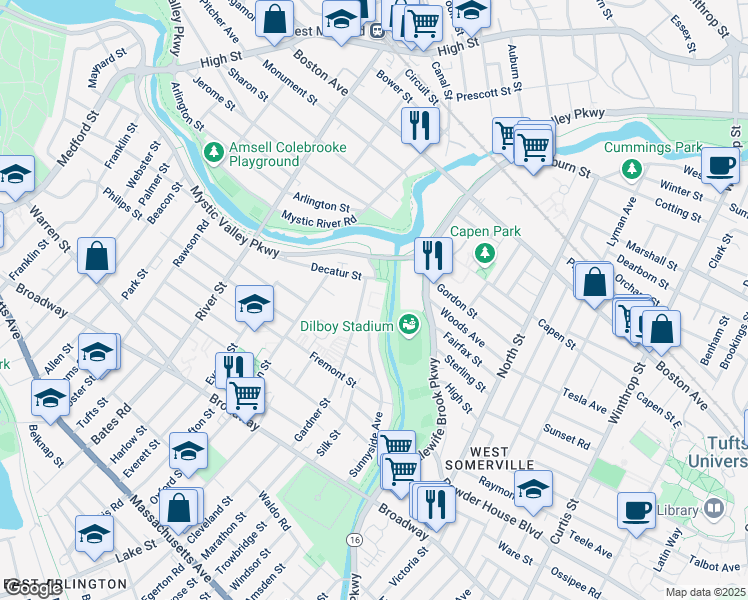 map of restaurants, bars, coffee shops, grocery stores, and more near 131 Sunnyside Avenue in Arlington