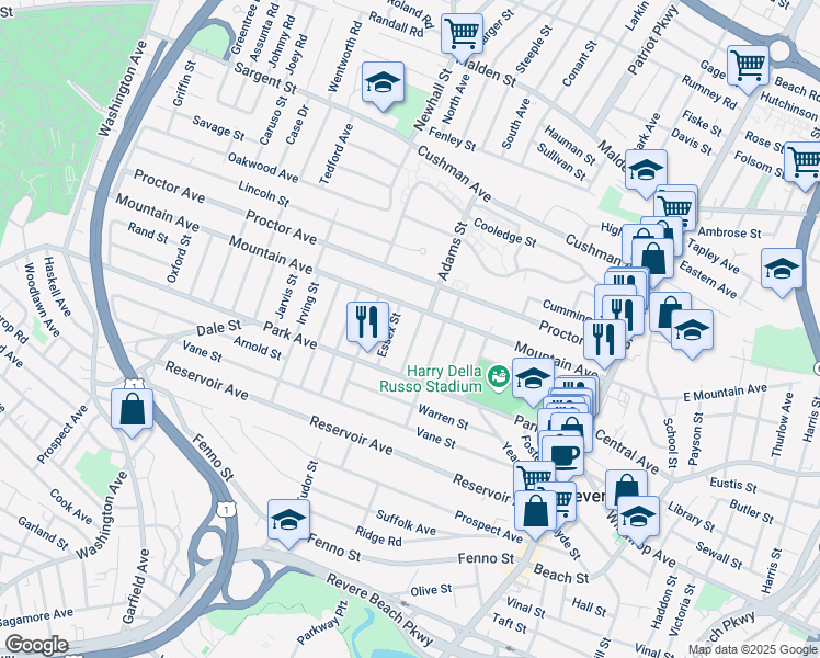 map of restaurants, bars, coffee shops, grocery stores, and more near 281 Mountain Avenue in Revere