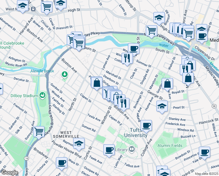 map of restaurants, bars, coffee shops, grocery stores, and more near 22 Orchard Street in Medford