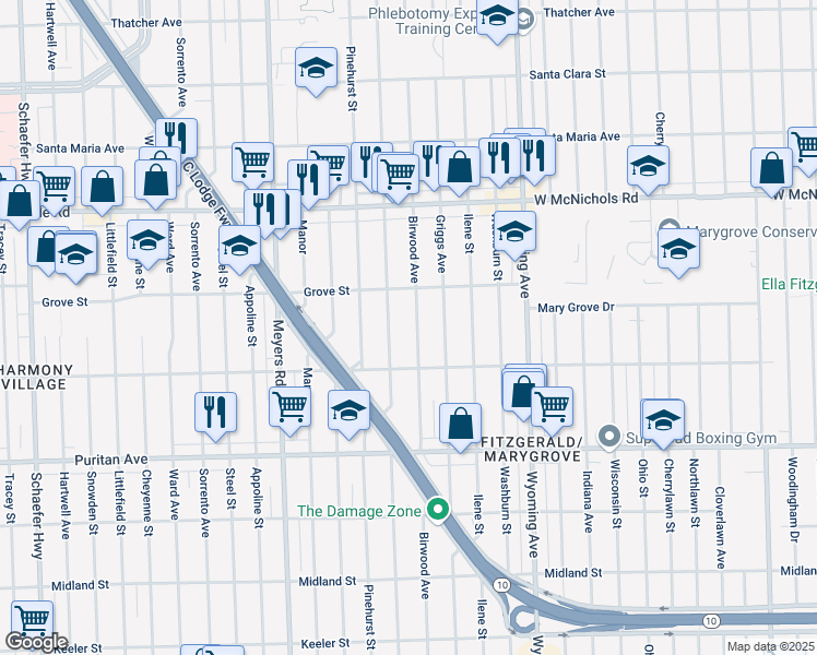 map of restaurants, bars, coffee shops, grocery stores, and more near 16633 Birwood Street in Detroit