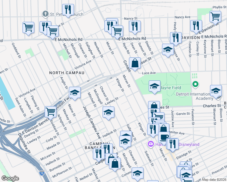 map of restaurants, bars, coffee shops, grocery stores, and more near 13224 Gallagher Street in Hamtramck