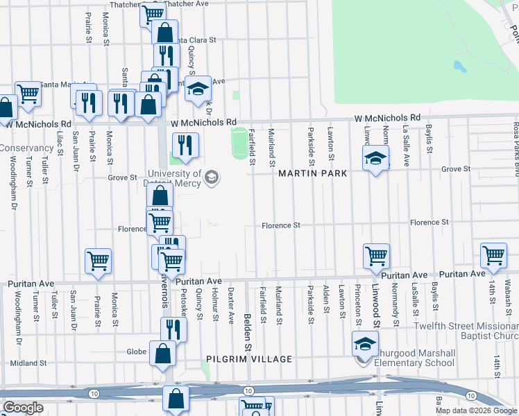 map of restaurants, bars, coffee shops, grocery stores, and more near 16604 Fairfield Street in Detroit