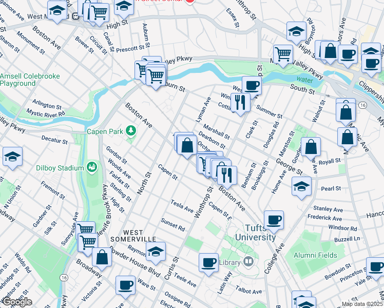 map of restaurants, bars, coffee shops, grocery stores, and more near 40 Piggott Road in Medford