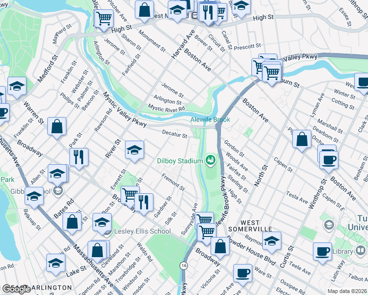 map of restaurants, bars, coffee shops, grocery stores, and more near 186 Gardner Street in Arlington