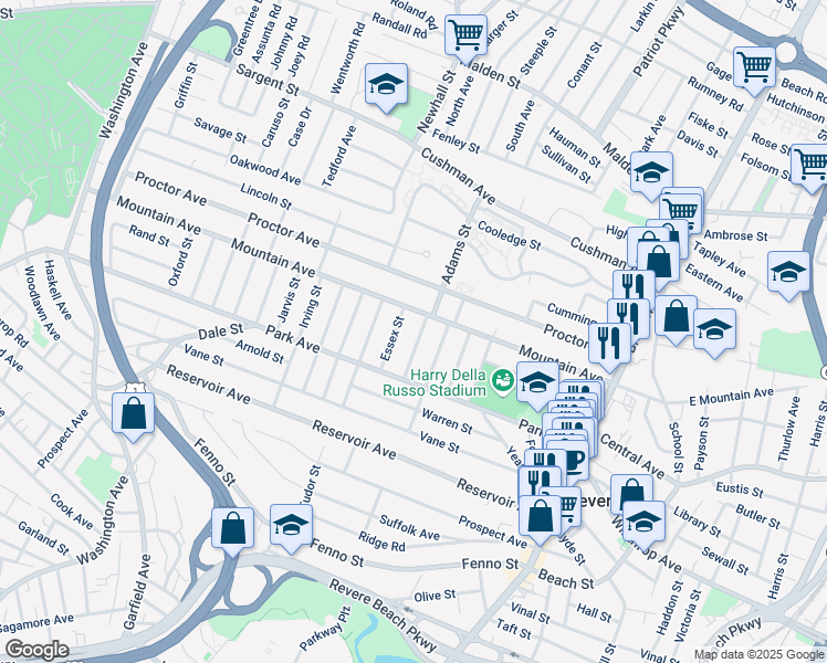 map of restaurants, bars, coffee shops, grocery stores, and more near 281 Mountain Avenue in Revere