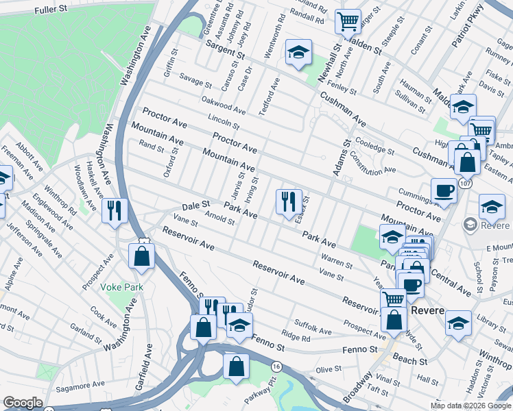 map of restaurants, bars, coffee shops, grocery stores, and more near 43 Hancock Street in Revere