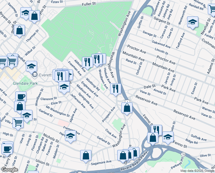 map of restaurants, bars, coffee shops, grocery stores, and more near 53 Haskell Avenue in Revere