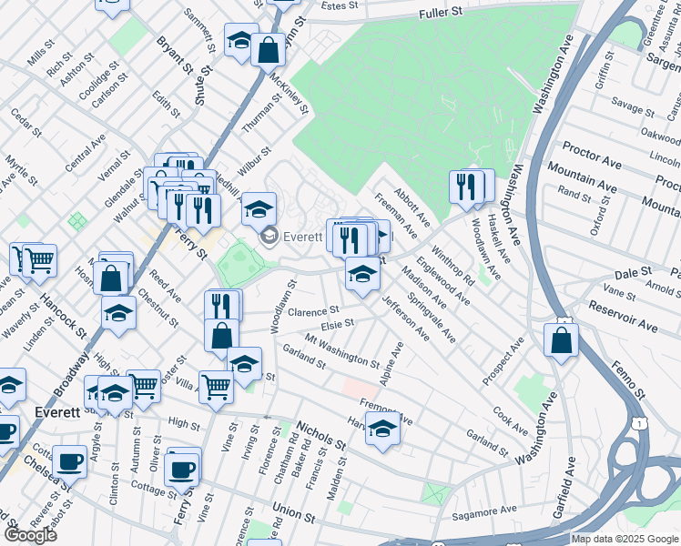 map of restaurants, bars, coffee shops, grocery stores, and more near 151 Jefferson Avenue in Everett