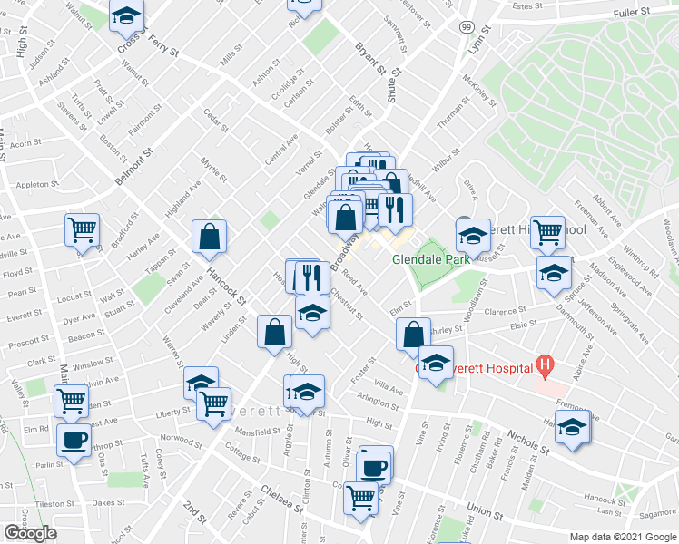 map of restaurants, bars, coffee shops, grocery stores, and more near 691 Broadway in Everett