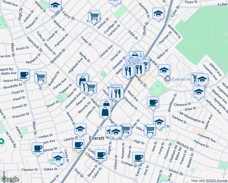 map of restaurants, bars, coffee shops, grocery stores, and more near 23 Raymond Street in Everett