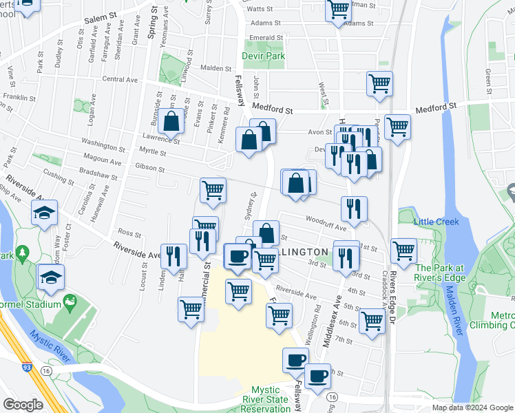 map of restaurants, bars, coffee shops, grocery stores, and more near 109 Sydney Street in Medford