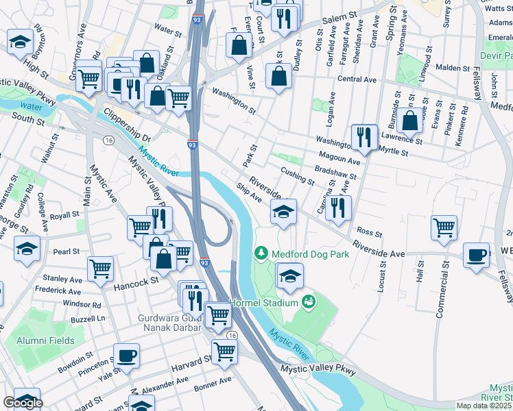 map of restaurants, bars, coffee shops, grocery stores, and more near 221 Riverside Avenue in Medford