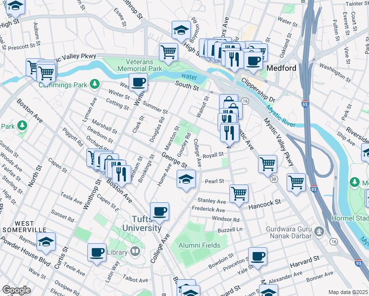 map of restaurants, bars, coffee shops, grocery stores, and more near 86 Summer Street in Medford
