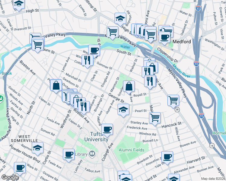 map of restaurants, bars, coffee shops, grocery stores, and more near 40 Brookings Street in Medford