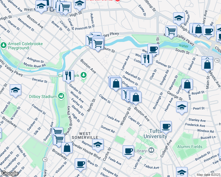 map of restaurants, bars, coffee shops, grocery stores, and more near 250 Boston Avenue in Medford