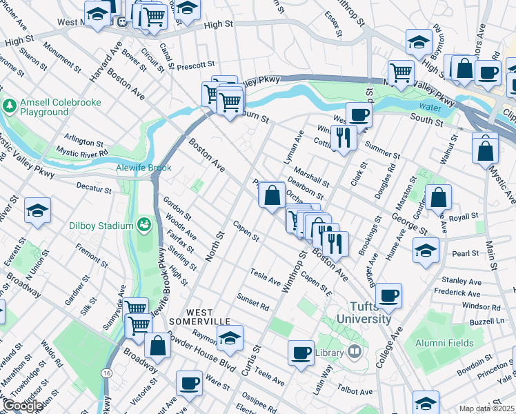 map of restaurants, bars, coffee shops, grocery stores, and more near 250 Boston Avenue in Medford