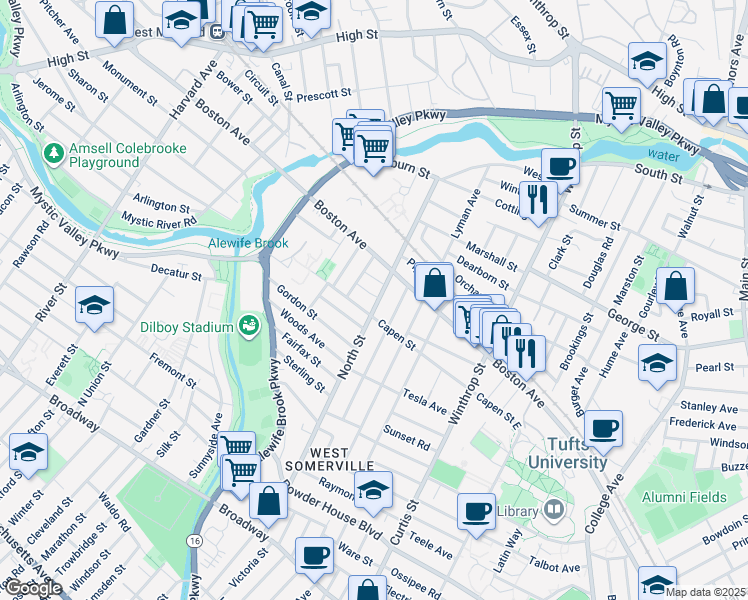 map of restaurants, bars, coffee shops, grocery stores, and more near 24 Pinkham Road in Medford