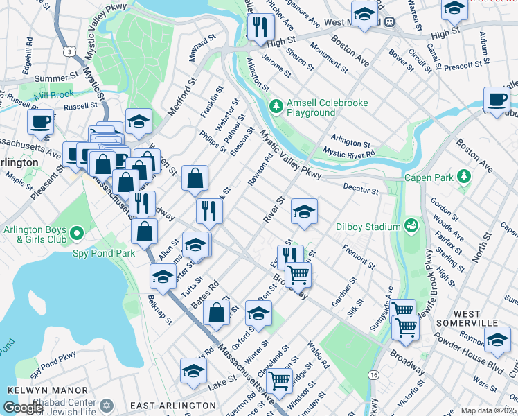 map of restaurants, bars, coffee shops, grocery stores, and more near 40-42 Dartmouth Street in Arlington