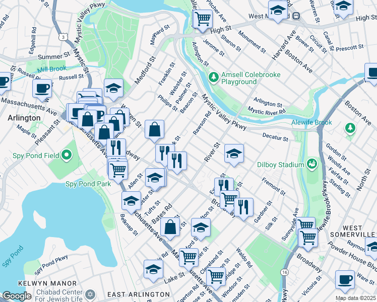 map of restaurants, bars, coffee shops, grocery stores, and more near 40-42 Dartmouth Street in Arlington