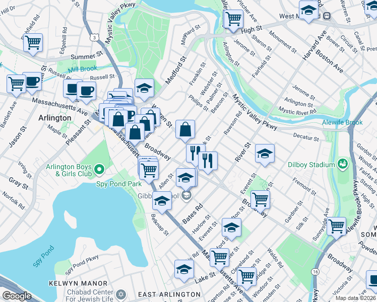 map of restaurants, bars, coffee shops, grocery stores, and more near 8 Beacon Street in Arlington