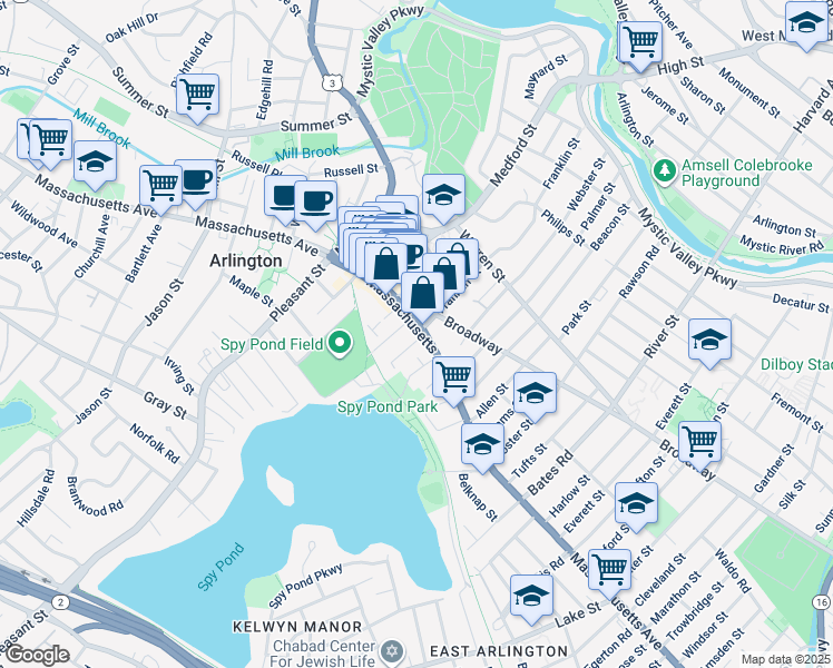 map of restaurants, bars, coffee shops, grocery stores, and more near 409 Massachusetts Avenue in Arlington