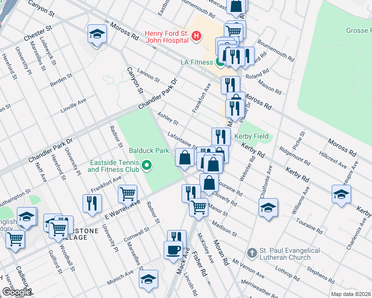 map of restaurants, bars, coffee shops, grocery stores, and more near 5090 Lafontaine Street in Grosse Pointe