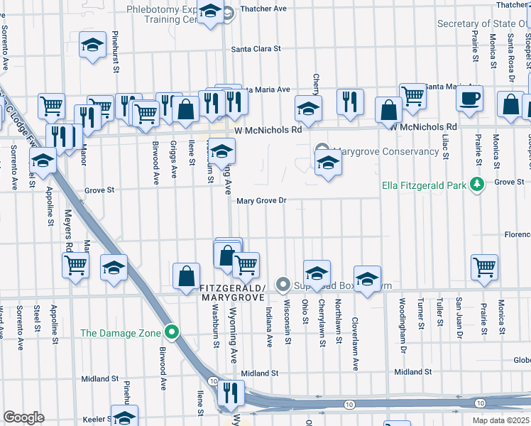 map of restaurants, bars, coffee shops, grocery stores, and more near 8807 Mary Grove Drive in Detroit