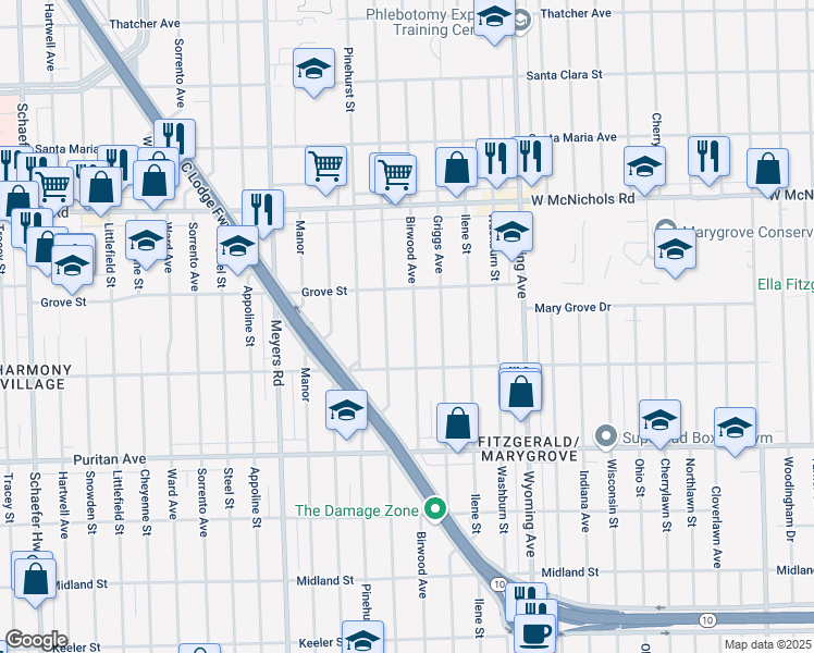 map of restaurants, bars, coffee shops, grocery stores, and more near 16633 Birwood Street in Detroit