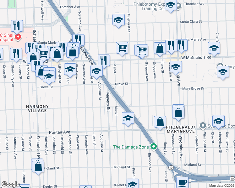 map of restaurants, bars, coffee shops, grocery stores, and more near 16666 James Couzens Freeway in Detroit