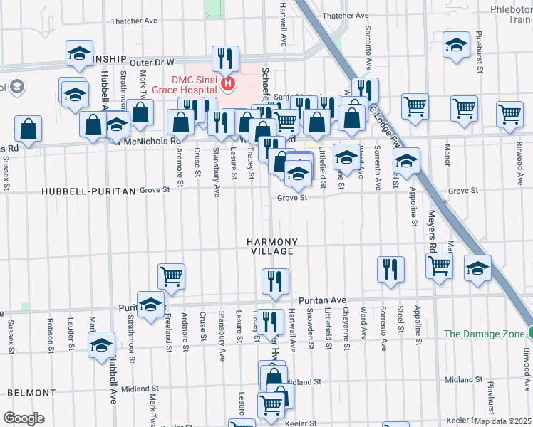 map of restaurants, bars, coffee shops, grocery stores, and more near in Detroit