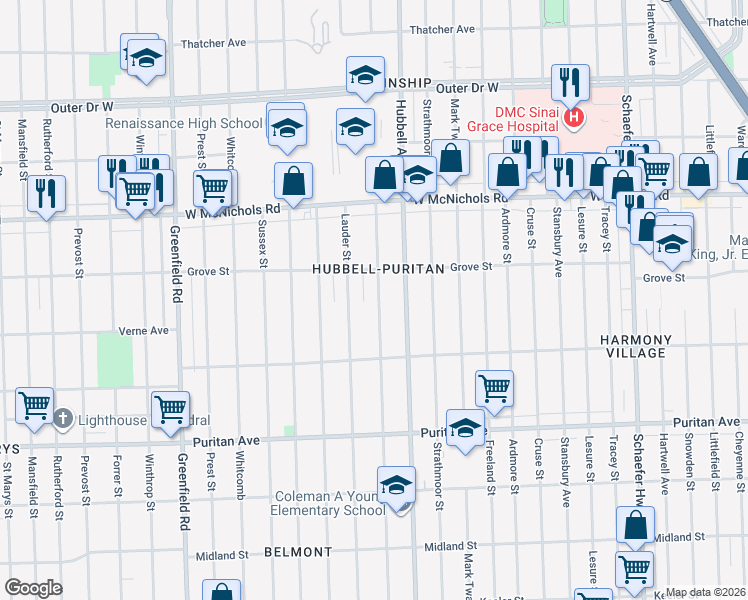 map of restaurants, bars, coffee shops, grocery stores, and more near 16686 Lauder Street in Detroit