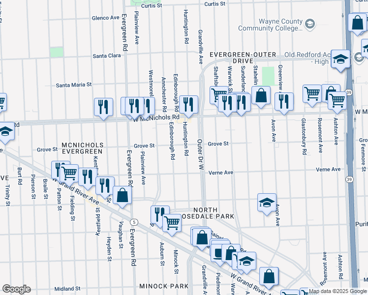 map of restaurants, bars, coffee shops, grocery stores, and more near 16835 Huntington Road in Detroit