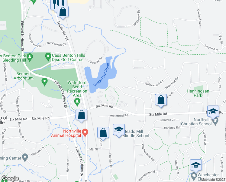map of restaurants, bars, coffee shops, grocery stores, and more near 17374 Hidden Lake Way in Northville